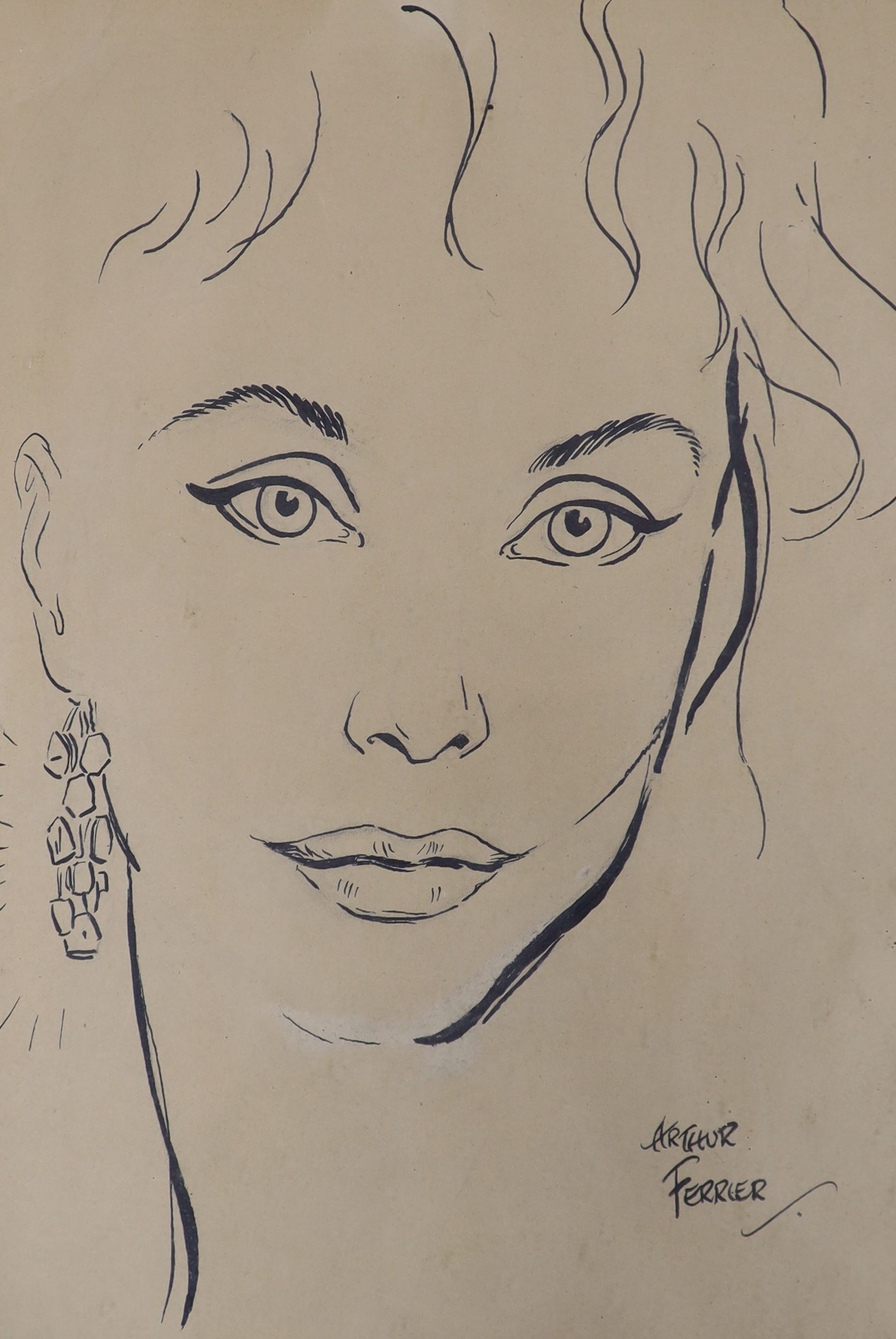 Arthur Ferrier, pen and ink, Study of a woman’s head with diamond earring, signed, 40 x 27 cm.